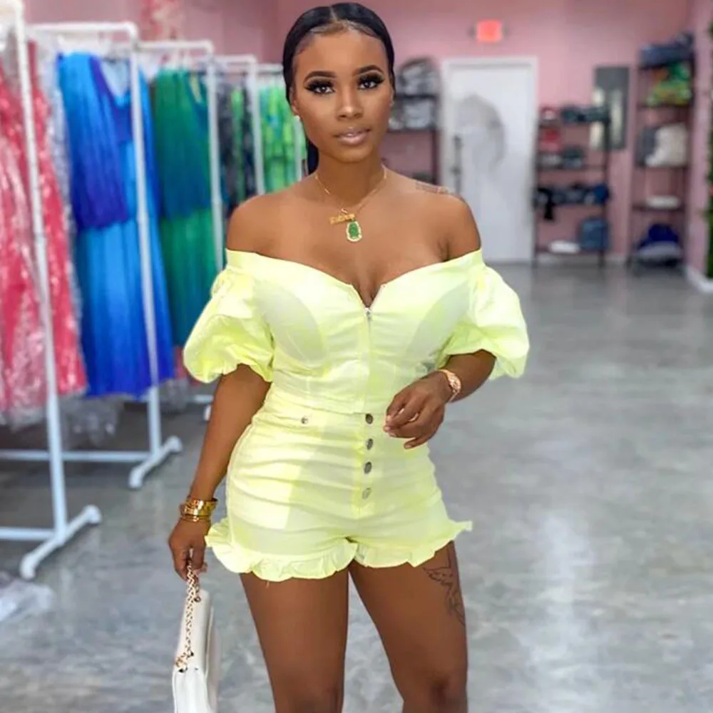 

Sexy Off Shoulder Two Piece Set Women 2020 Summer Puff Sleeve Crop Top and Ruffle Shorts Set 2 Piece Birthday Outfits for Women