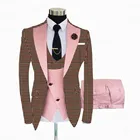 Новый модный дизайнерский клетчатый мужской костюм бордового цвета из 3 предметов, деловой приталенный деловой блейзер для жениха, Свадебный костюм, смокинг, куртка, жилет, брюки