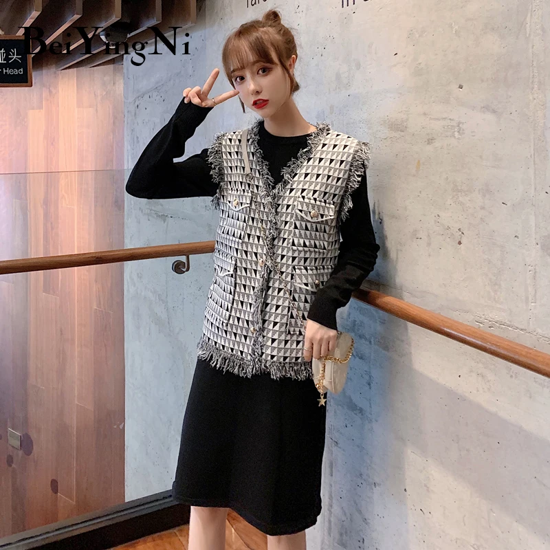 Beiyingni Plus Size Knit Dress Women Vintage Autumn Winter Vest Jacket Coats Slim Fashion Casual Two Piece Set Female Tops | Женская