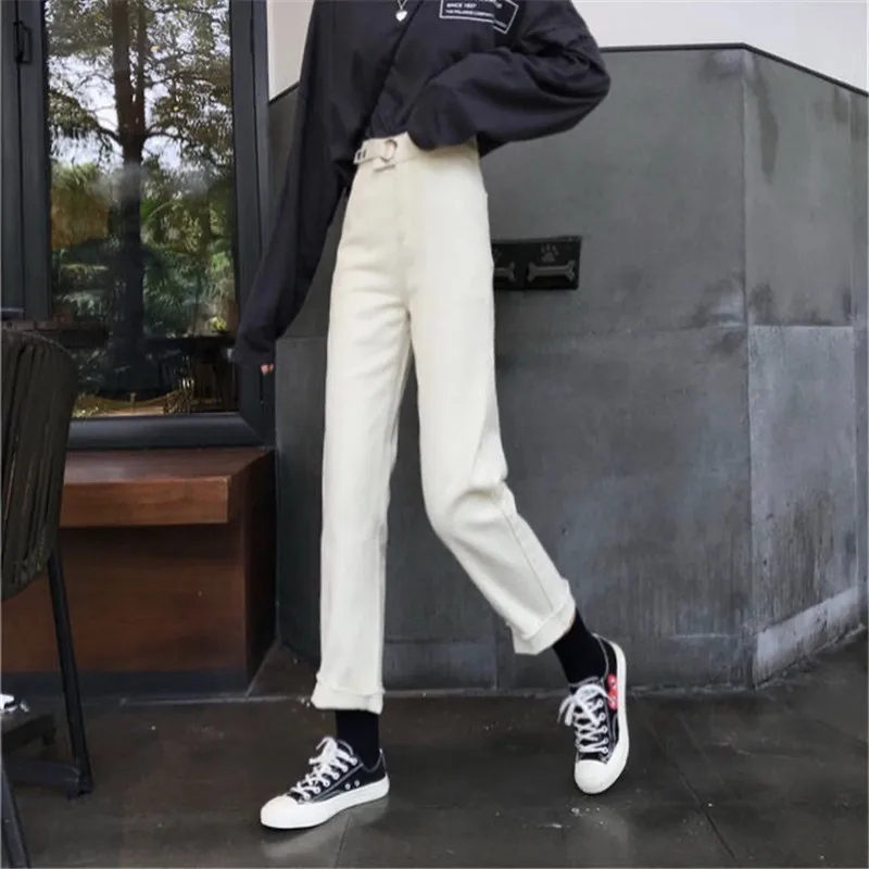 

Autumn Adjustable Belt High Waist 9 Points Capri Pants Straight Pencil Pants Denim Jeans for Women S M L