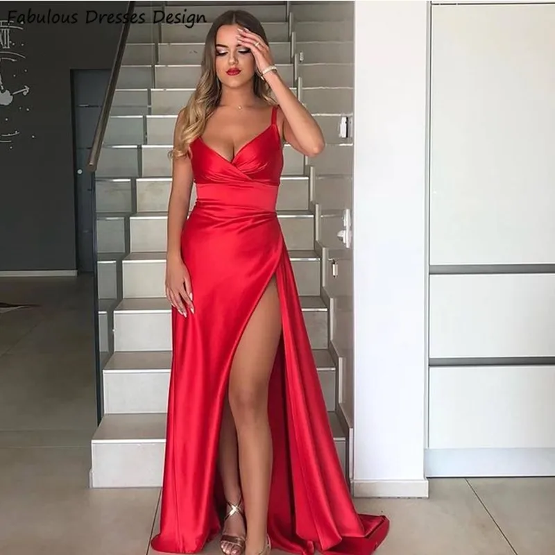 

Sexy V-neck Backless Prom Dresses With Split 2021 Red A Line Long Evening Dress Party Gowns Plus Size Vestidos De Festa
