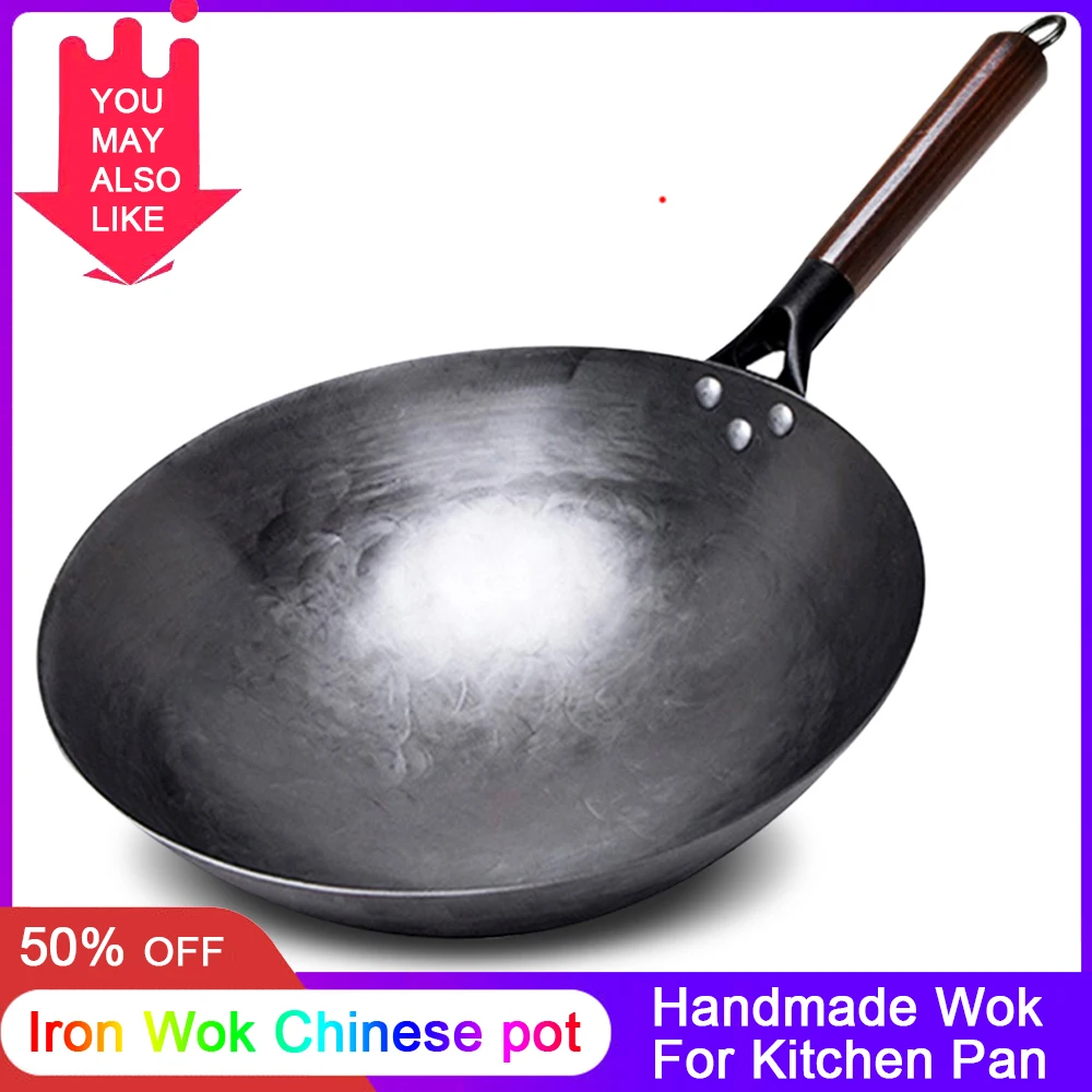 

Железная вок без покрытия, китайский традиционный вок ручной работы для кухни, сковорода, деревянная ручка для газовой посуды, горшок для 1-2 ...