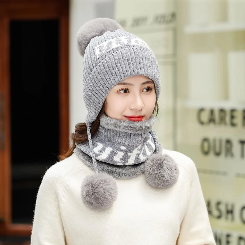 Зимние женские вязаные шапки и шарф с помпоном Женская плотная шапка 2 шт. зимние