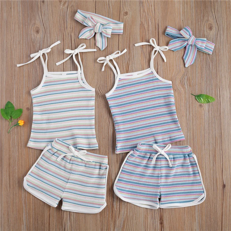 

3 Piece Clothes Suit Baby Kid Girl Fresh Color Stripe Sleeveless Camisole Top and Shorts and Headband 0-4Y Toddle Infant Girl
