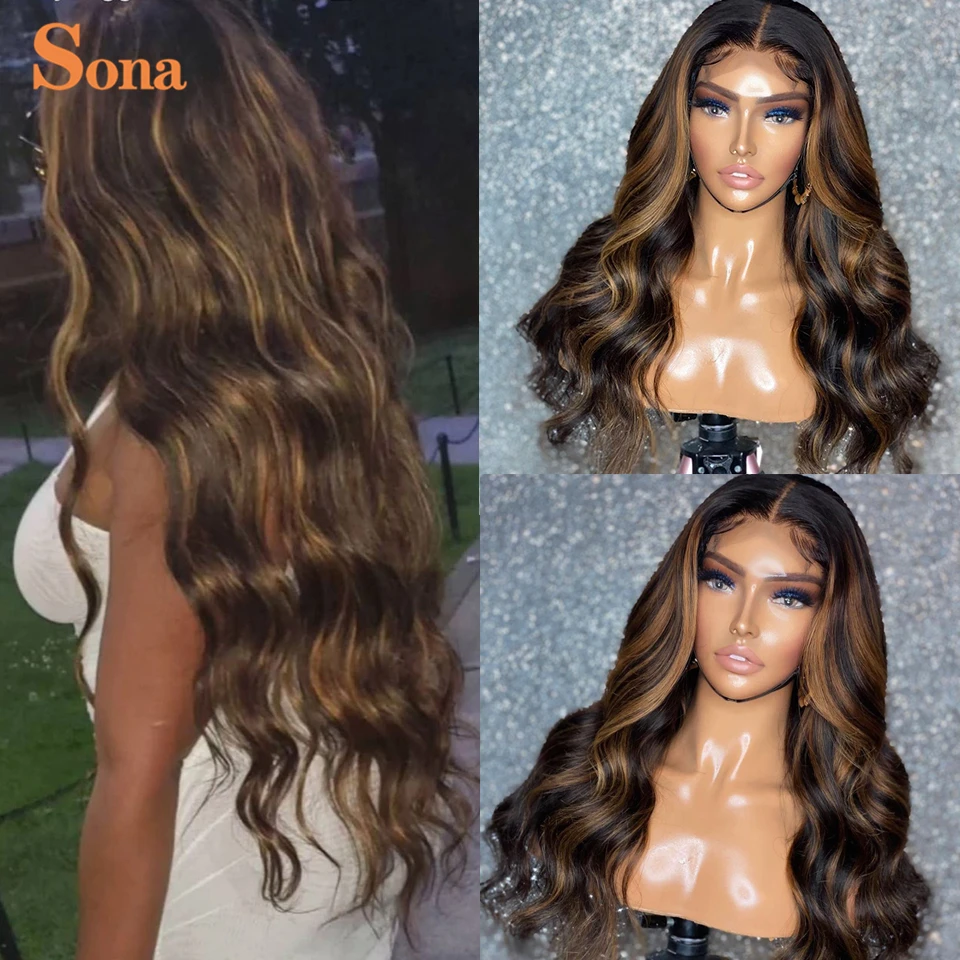 Прозрачный кружевной #1B/27 Выделите парик объемная волна коричневый Цветной 360