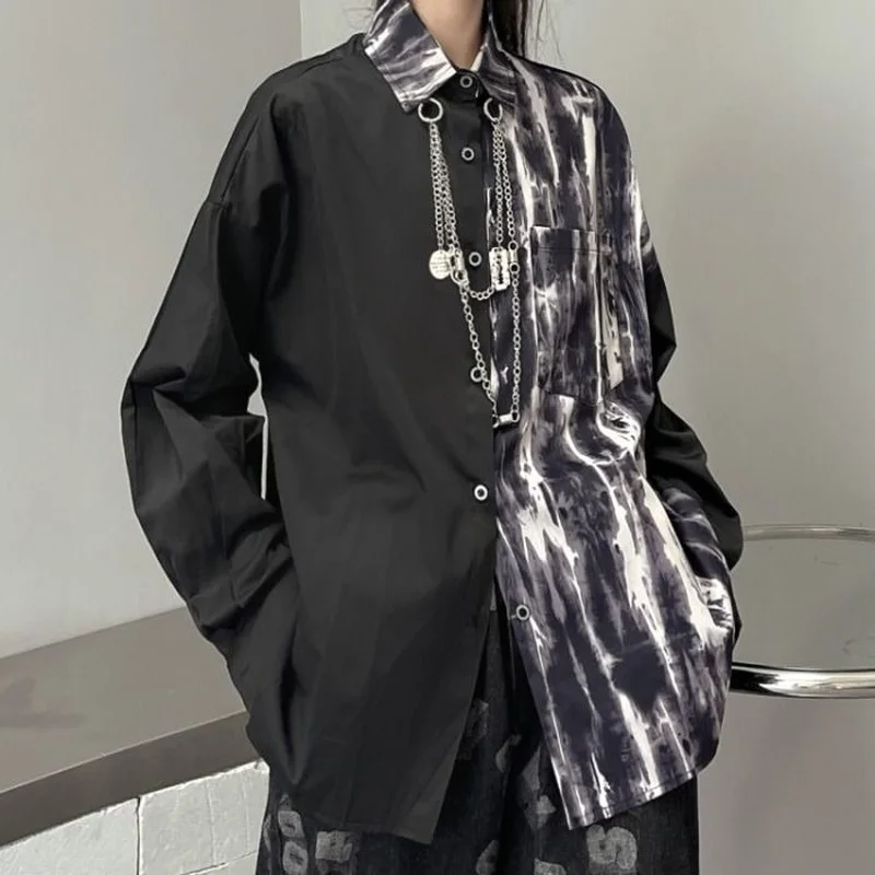 

QWEEK Gothic Shirt Women Patchwork Black Long Sleeve Blouse Goth Oversized Streetwear Grunge Graphic Cardigan 2021 Alt Clothes
