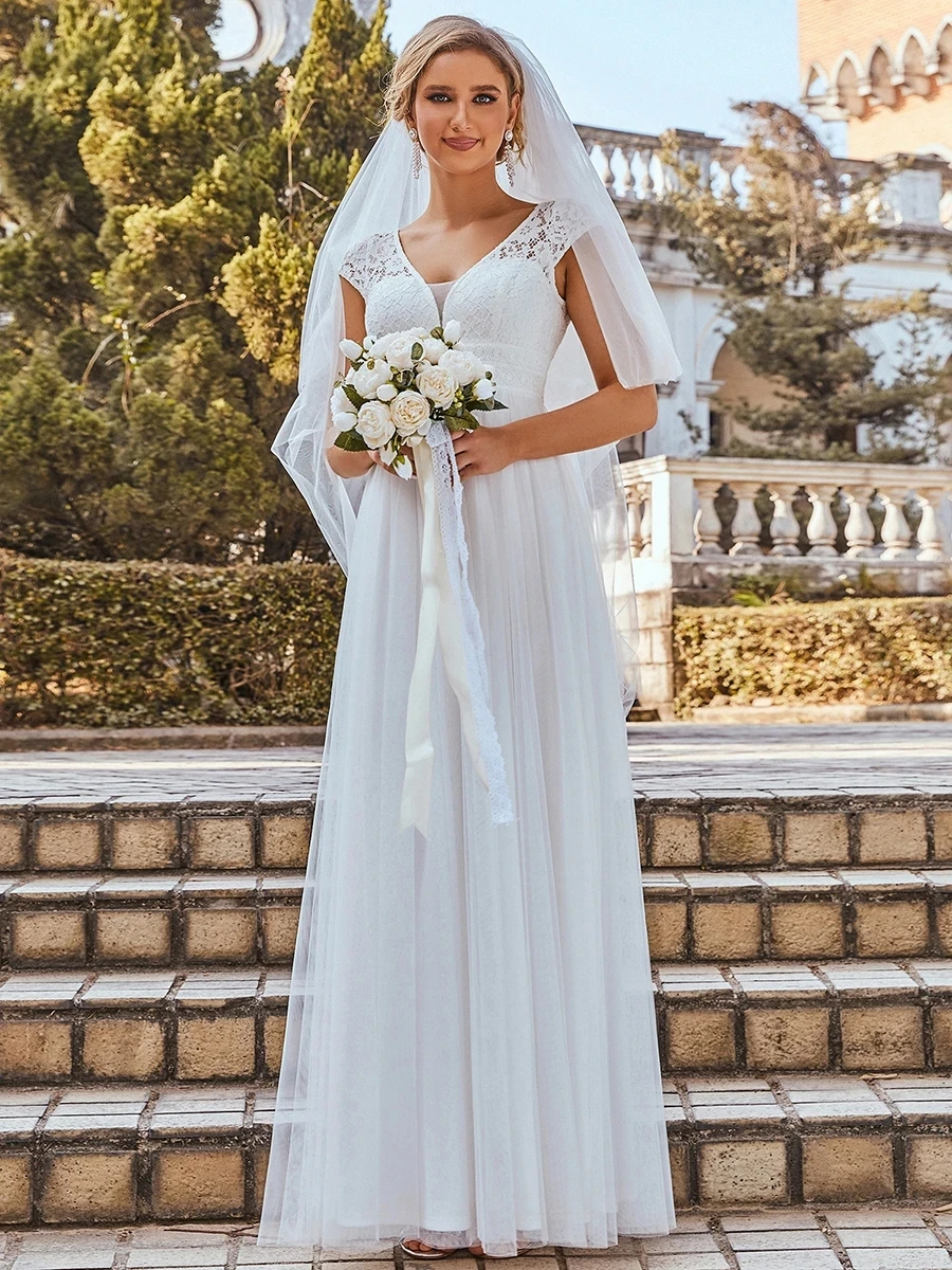 

Elegant Bridesmaid Dress Cap Sleeve Lace Crepe V-Neck Long A-line Floor Length Ever Pretty 2022 Wedding Dresses Vestidos De Gala
