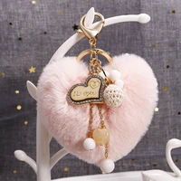 2020 new heart pompom key chains cute fake rabbit fur bag keychain women girls love heart jewelry pendant fluffy keyring gifts