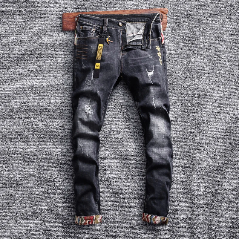 

Streetwear Fashion Men Jeans Retro Black Gray Elastic Slim Fit Ripped Jeans Men Spliced Patches Designer Hip Hop Denim Pants