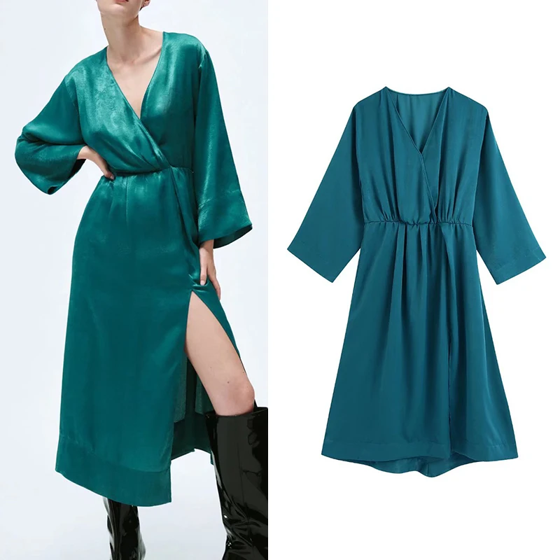 

Za 2021 Fashion Women Solid Midi Dress V Neck Long Sleeve Ladies High Street Dress Vestidos BB4238