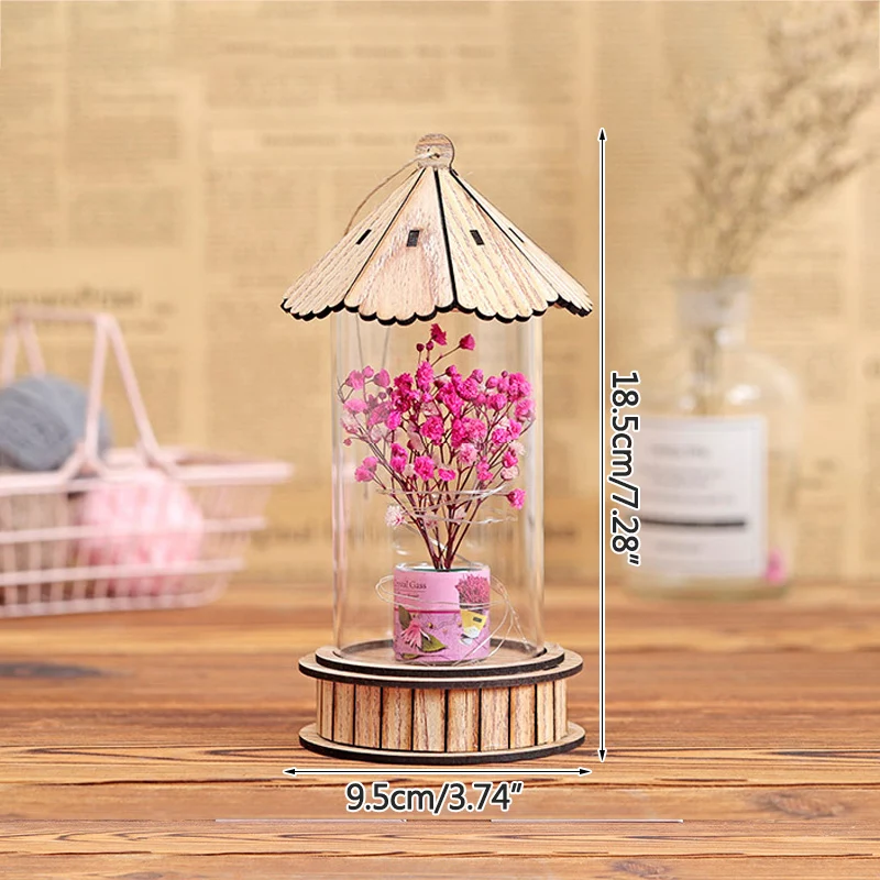 

100% Handmade Wooden Figurines LED Night Light Hanging Pendants Dry Flower Miniature Model Decoration For Home Room Decor Crafts