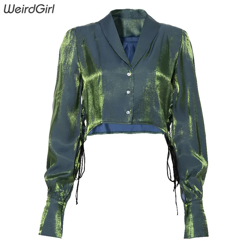 Weirdgirl/модные шикарные блузки женские вечерние рубашки кардиган на пуговицах с длинным рукавом и отложным воротником, Осенние Топы, крутые - Цвет: Зеленый