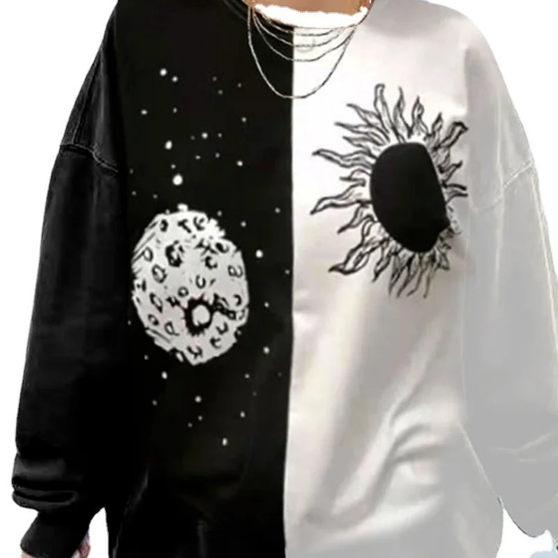 

Black White Splicing Print Long Sleeve Sweatshirt Women Plus Size Loose Vintage Pullover Top 2021 Autumn Streetwear Fashion Tops