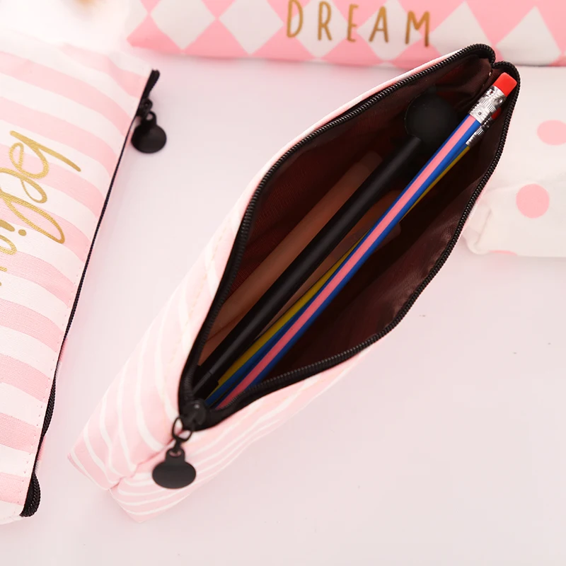 1pc Pink Stripe Pencil Case for Girls Canvas Bag School Supplies Office Accessories Chancery Stationery Pen Storage | Канцтовары для