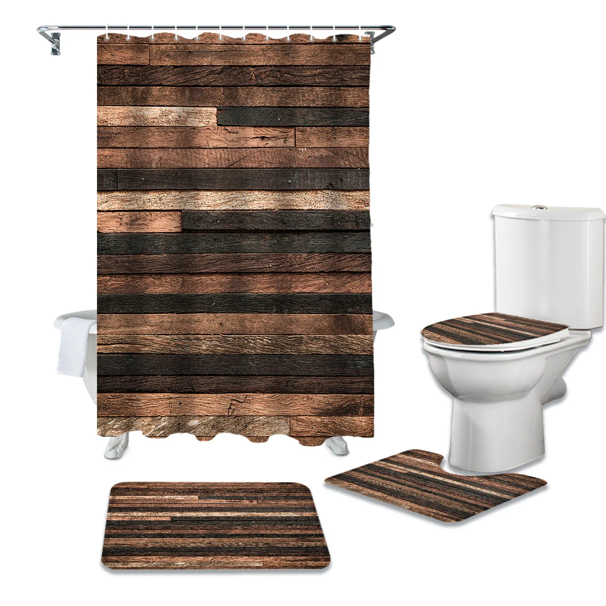 

Набор для душевой занавески с принтом древесины, водостойкая занавеска для ванной комнаты, набор для душевой занавески и ковриков