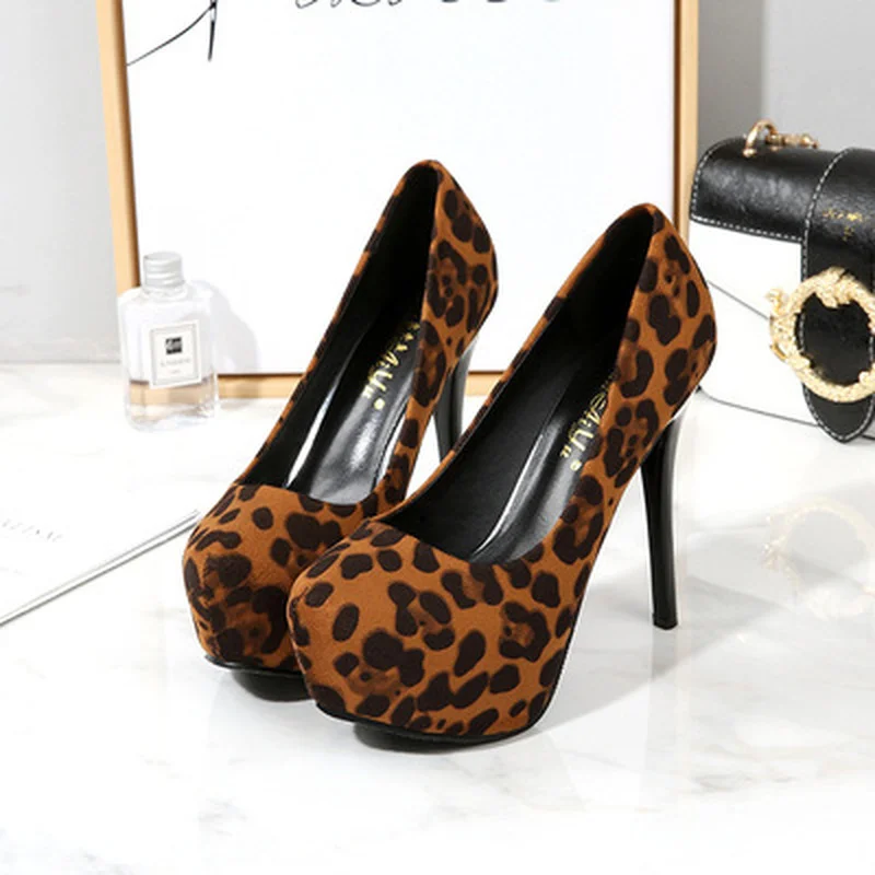 

2021 Waterproof Platform High Heel Women's Shoes Sexy Leopard Print with Suede Round Head Shallow Mouth Single Shoes