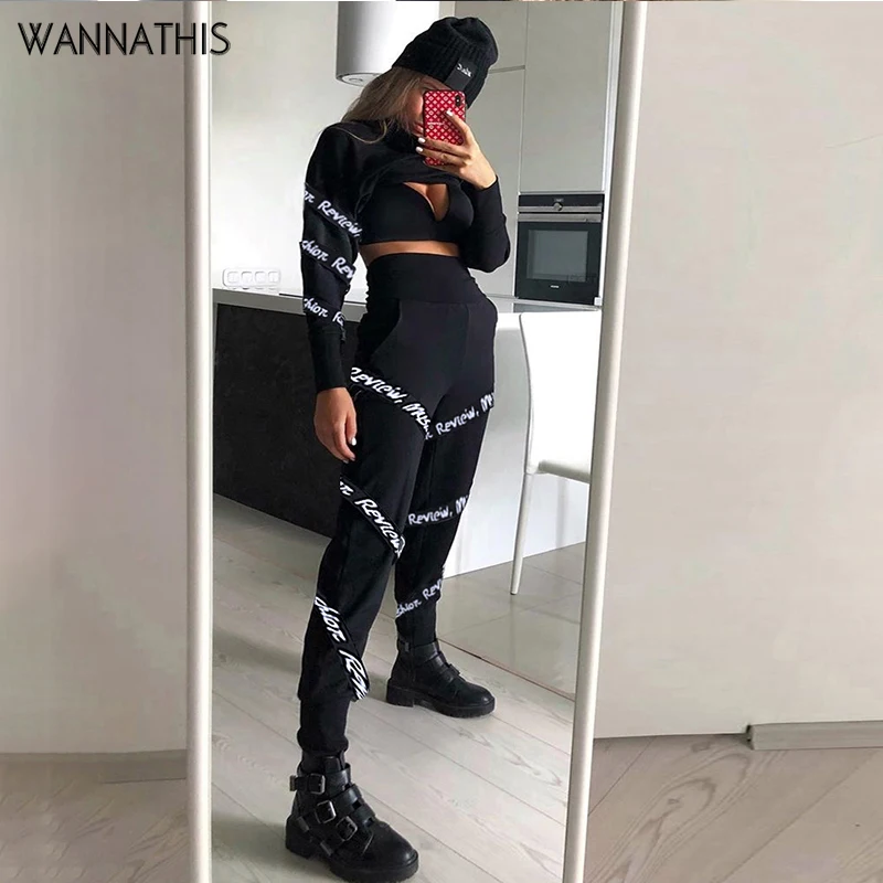 WannaThis/осенне-зимний комплект из двух предметов, укороченный топ с высоким воротником и леггинсы с принтом в стиле пэчворк, черные уличные комплекты с длинными рукавами