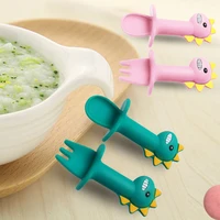 baby silicone short handle fork spoon set teether toy baby learning training supplementary food spoon dinosaur model tableware