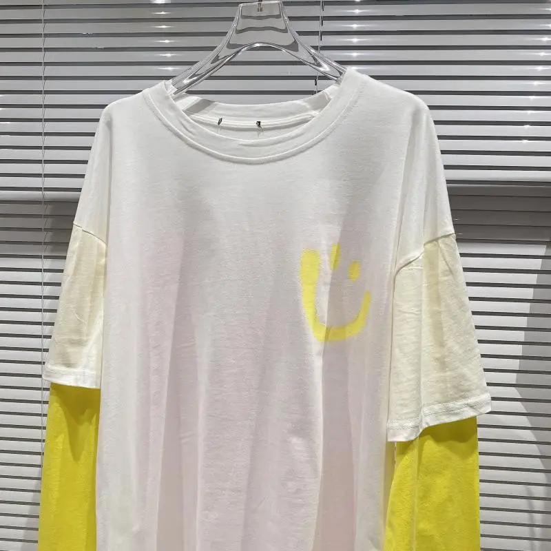 

Women's T-shirt 2021 Spring New Letter Painted Patch Candy Color Jumper Stitching Long Sleeves Fake Two-Piece T Shirt Pullover