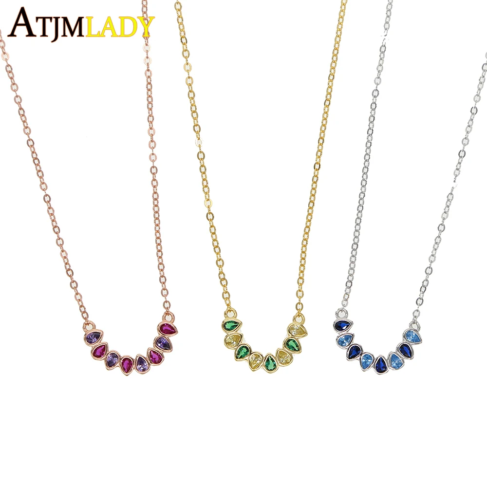 Золотая цепочка из серебра 925 пробы с зеленым и красным цирконием в форме капли