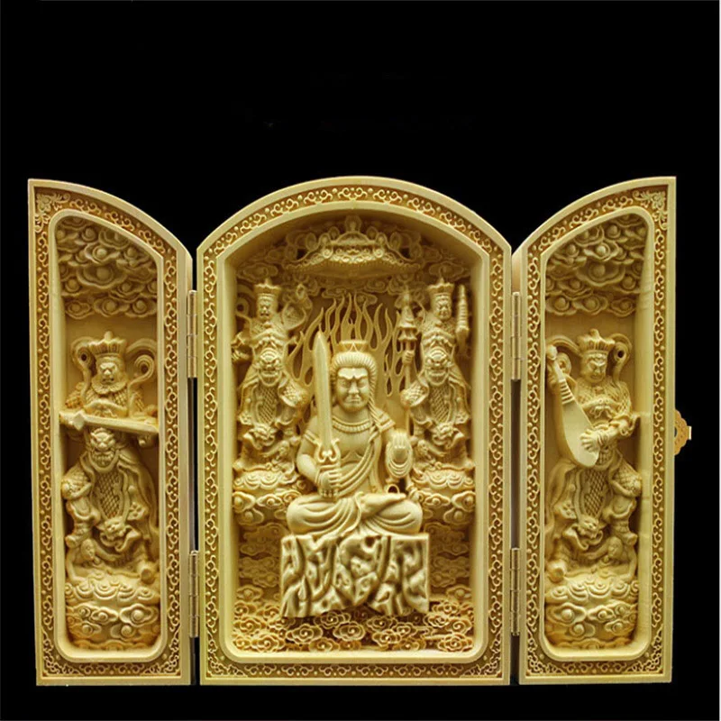 Китайский скульптура Будды статуя чистый резьба по дереву 3 открытых складной