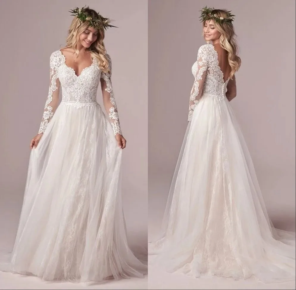 

2021 Lace Long Sleeve Bridal Dresses Light Wedding Dress Long Vestido De Novia Backless Plus Size French Wedding Dress