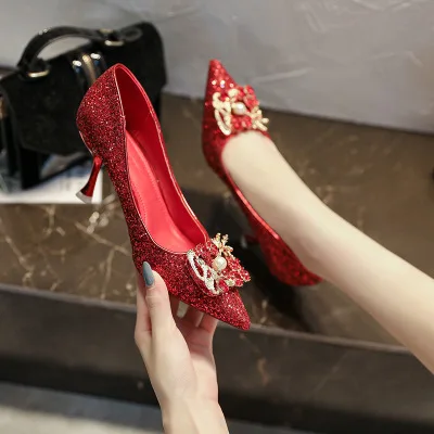 

New Autumn High-heel Wedding Shoes Korean Style Pointed Shallow Mouth Stiletto Bridesmaid Single Shoes 7.5cm Heel