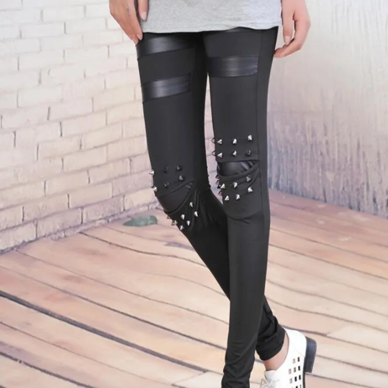 

#0512 Autumn 2020 Stretch Leggings Women Knee With Rivet Stretch Spliced Leather PU Pants Women Skinny Trousers Punk