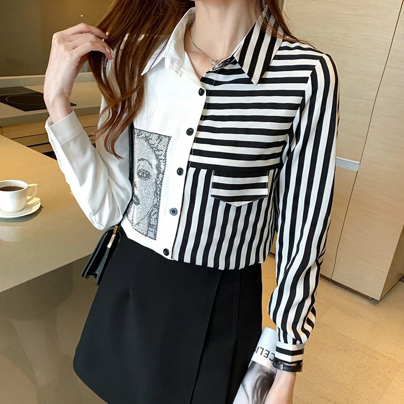 

Autumn Striped Patchwork Diamonds Women Shirts Blouses 2021 Long Sleeve Blouse Chic Tops Black Woman Blusa OL White Spring