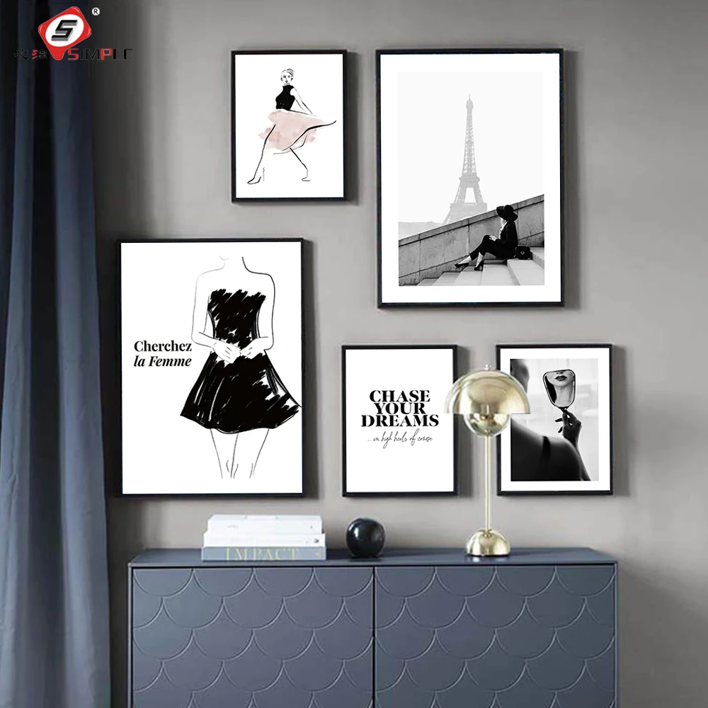 

Nordic Black White fashion girls Wall Art Canvas Poster Minimalist Print vogue Quotes Painting Picture for Living Room Decor
