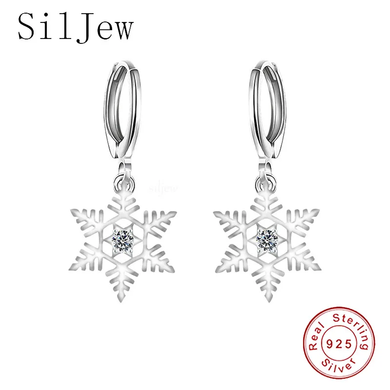 

SilJew Women Authentic Fashion 925 Sterling Silver Snowflake Dangle Hoop Earrings Girls Crystal Earrings Jewelry Oorbellen