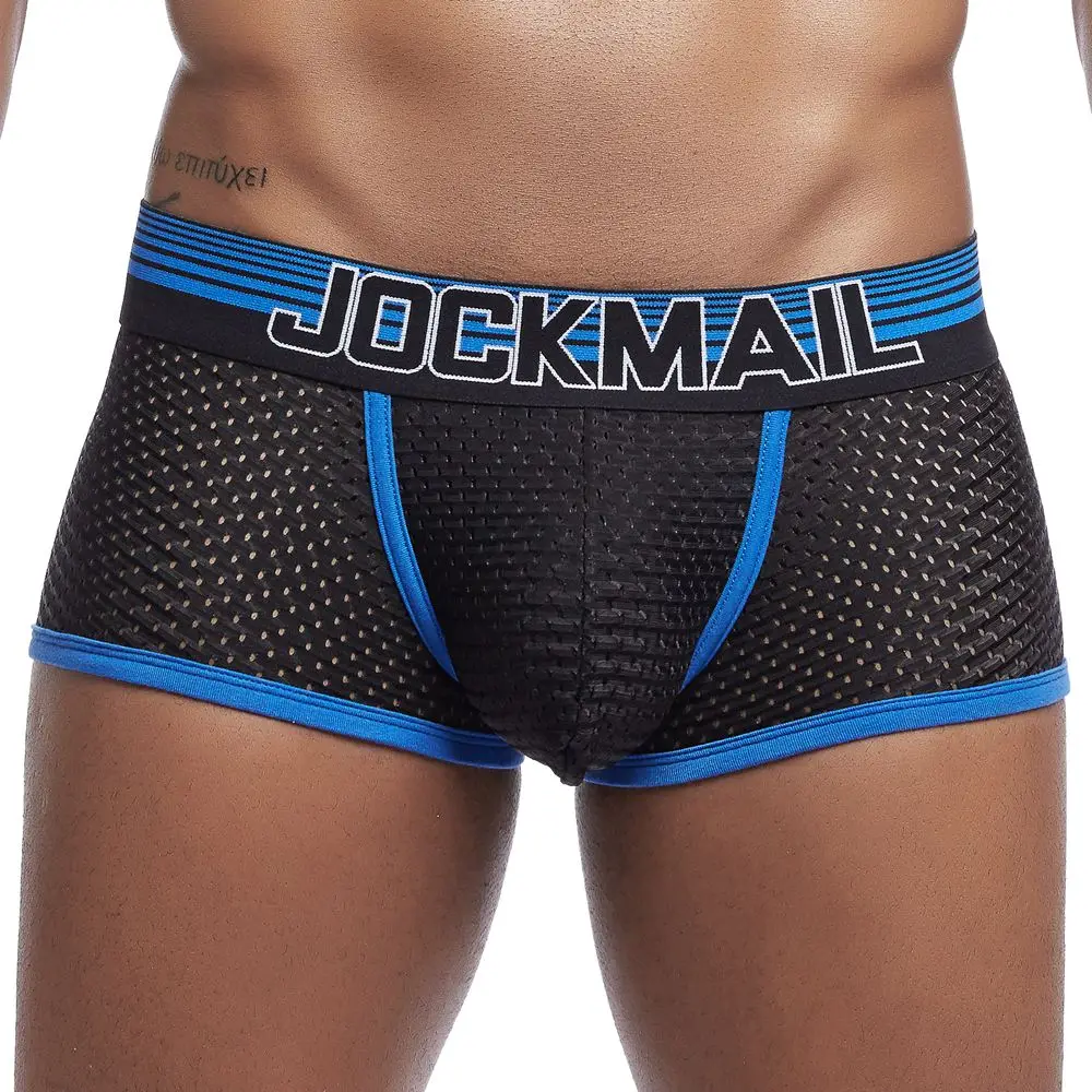 443 BLUE JOCKMAIL, мужские трусы, дышащие боксеры, хлопковое Сетчатое Мужское нижнее белье, u-образный выпуклый мешочек, сексуальные трусы, набивные листья, домашняя одежда, шорты - Цвет: 443 BLUE