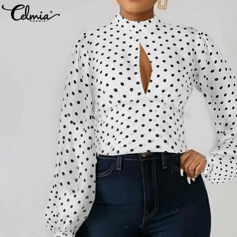 

Celmia 2021 модный топ женские блузки пикантная белая рубашка в горошек летняя шифоновая Повседневная Блузка с длинным рукавом-фонариком