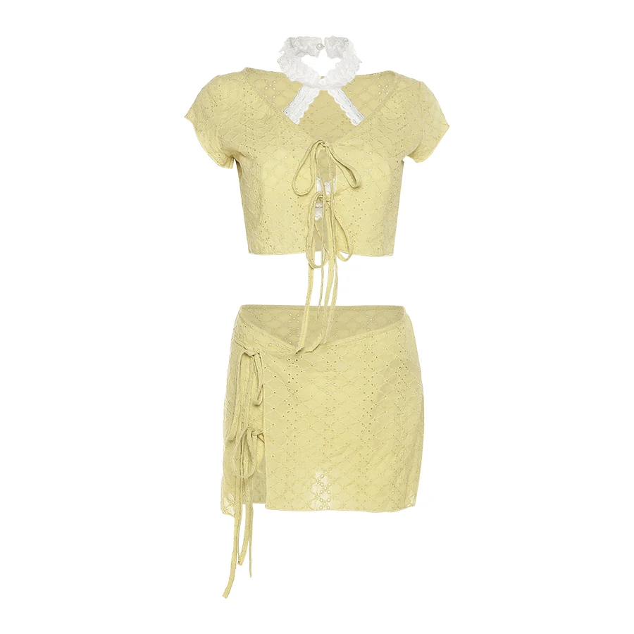 

Sylcue Summer girl heart small fresh hanging neck sling belt slim T shirt skirt avocado 4 pieces set thin hot trend women's