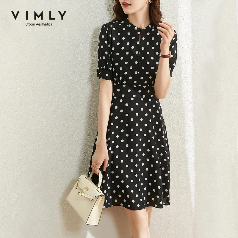 

VIMLY Dresses For Women Summer Elegant Dot Chiffon Dress Office Lady A Line Mini Dress Stand Collar Women's Vintage Dress F7830