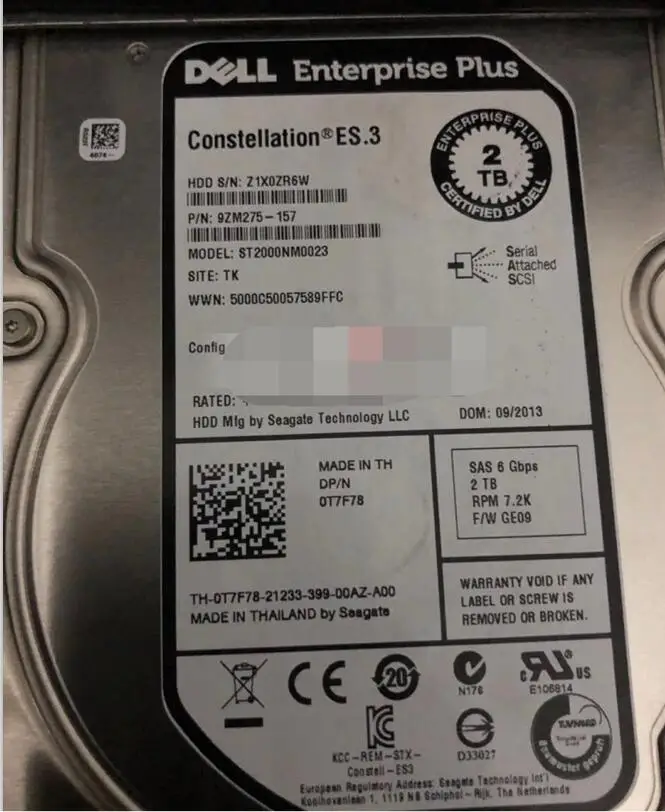 

2PCS Dell EqualLogic SAS 2T 3.5 EQ Hard drive 0T7F78 ST2000NM0023