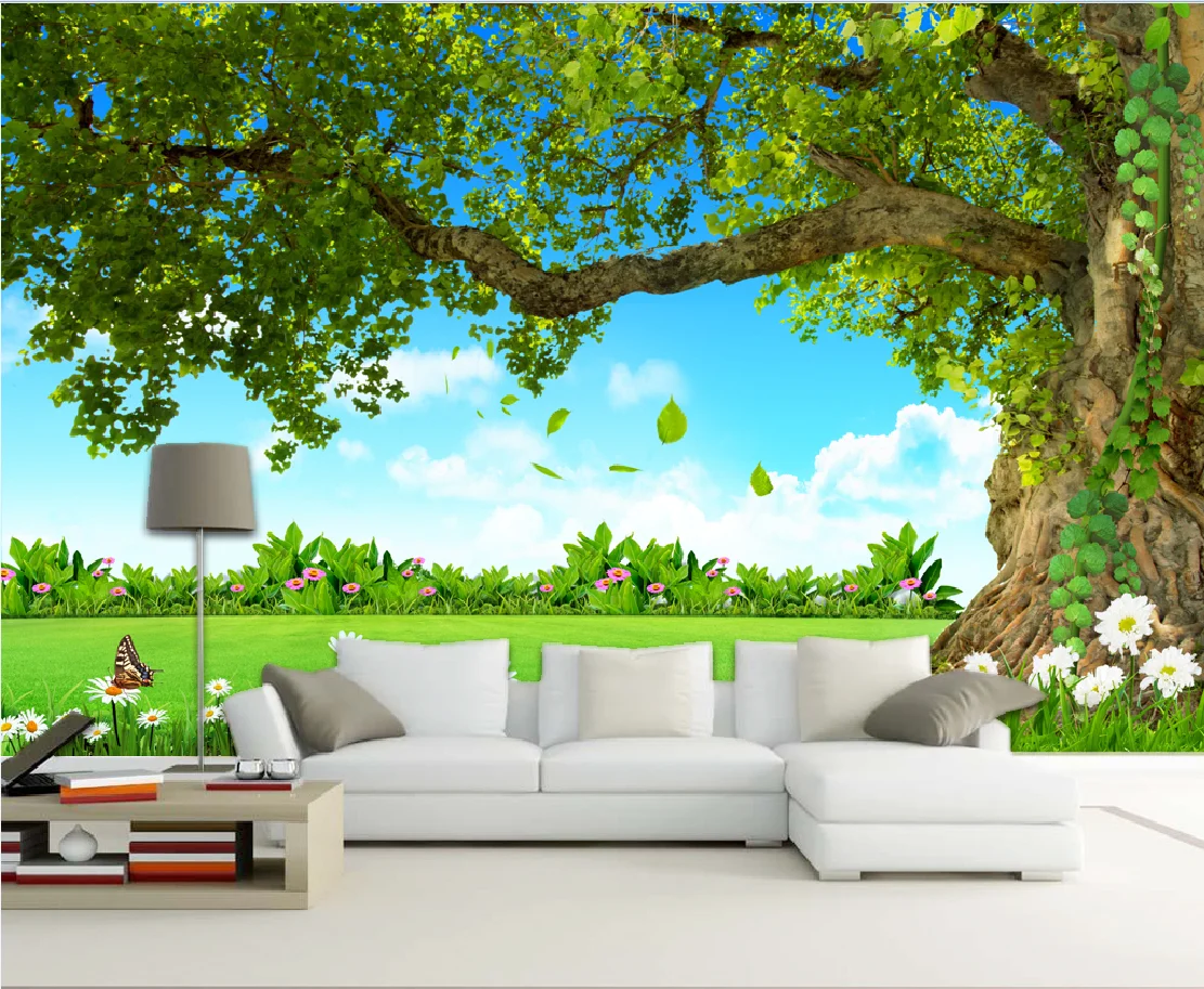 

Modern small fresh blue sky green space heavenly big tree beautiful scenery TV background wallpaper mural