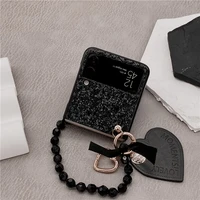 full glitter paillettes phone case for samsung galaxy z flip 3 5g diy black leather love heart charm with bead bracelet cover