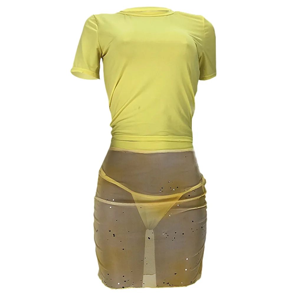 

Yellow Sheer Mesh Sequin Splicing 3 Piece Dress Set Women Sexy Short Sleeve T-shirts+underpant+see Through Sheath Skirt Outfit