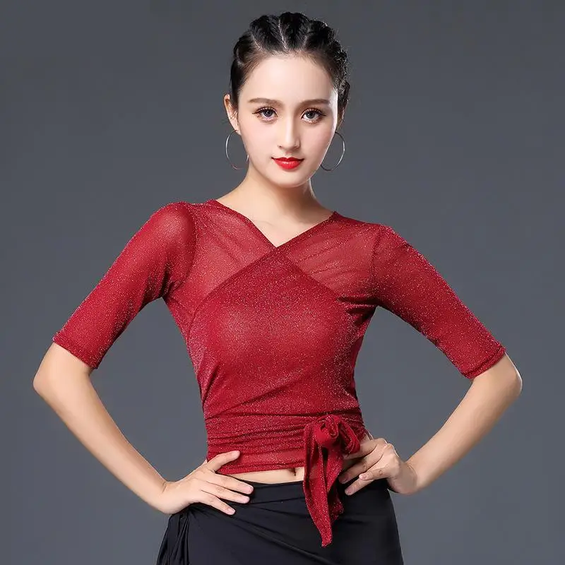 Женский тренировочный топ для латинских танцев черный сетчатый с коротким