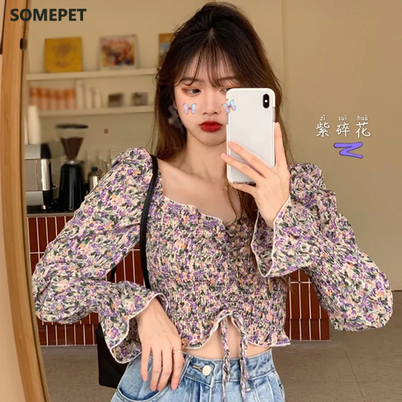 

Women Chiffon Shirt Fashion Sexy Square Collar Long Sleeves Blouse Trendy Sweet Pleated Floral Print Crop Tops