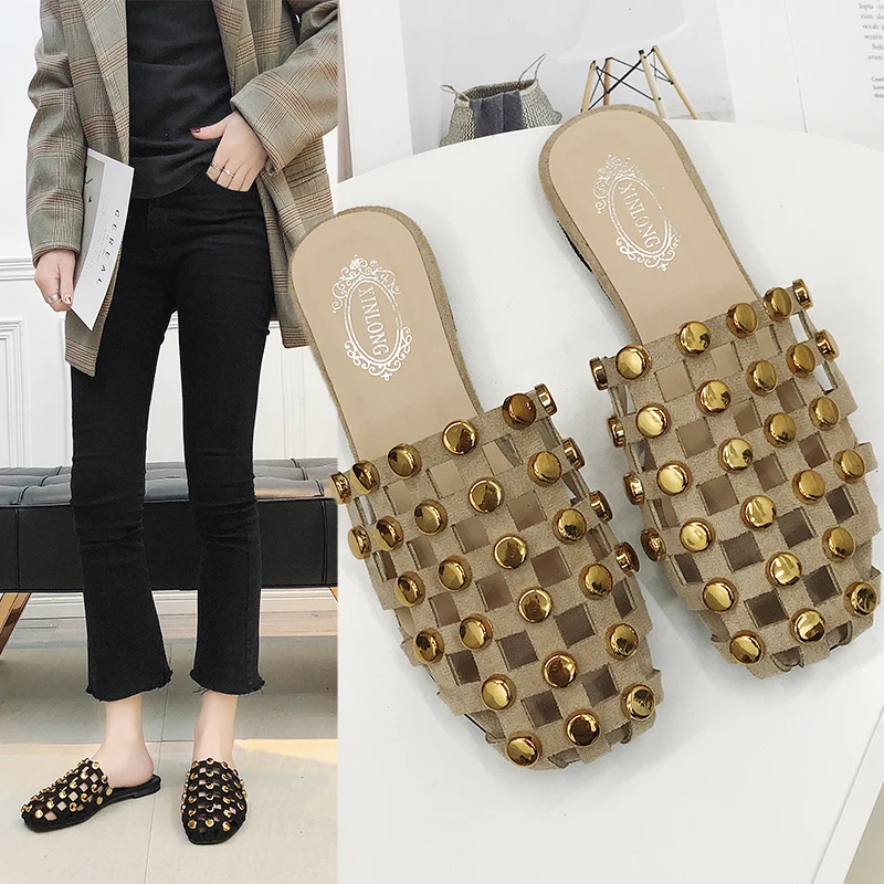 

Летние однотонные, с заклепками; Женская обувь; Женские тапочки шлепанцы пляжные тапочки круглый носок Обувь на низком квадратном каблуке; ...