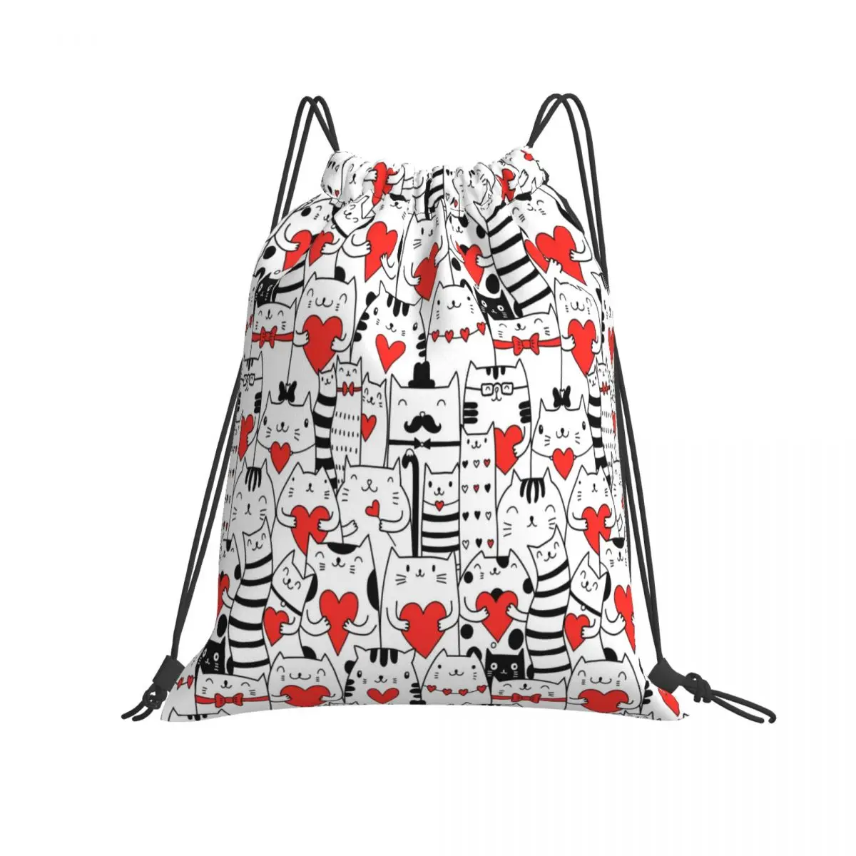 

Foldable Gym Bag Black White Cats Holding Hearts Fitness Backpack Drawstring Hiking Camping Swimming Sports Bag