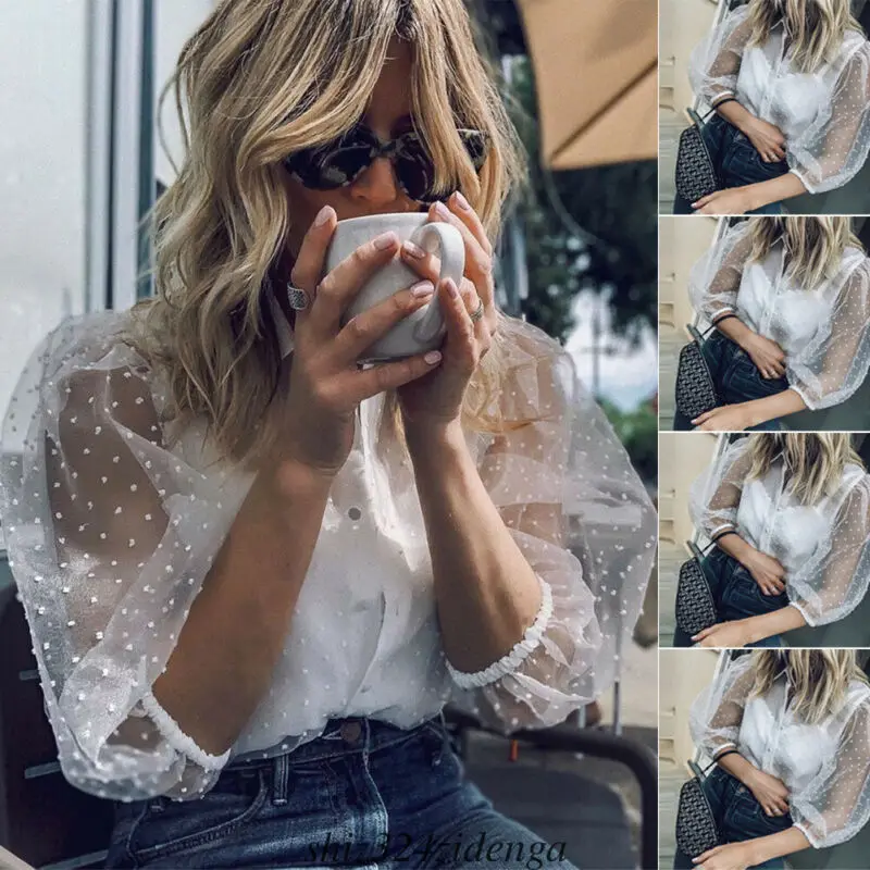 Женская прозрачная сетчатая блузка в сетку модная с коротким рукавом и высоким