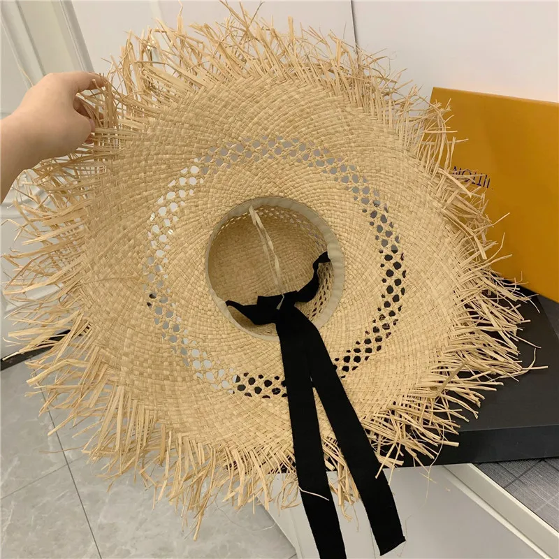 

202004-yu785266047 new RAFFIA GRASS big wind Burrs brim long black ribbon sun cap women leisure holiday hat
