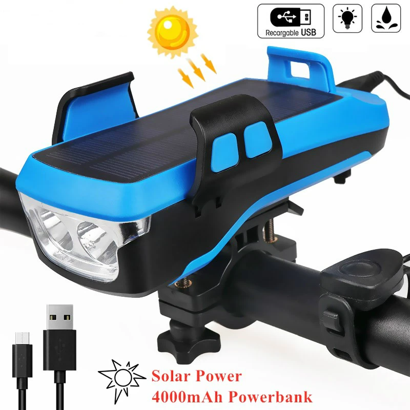 

Upgraded Multifunction 4 in 1 Bicycle Light Solar Power USB Recharegable Bike Light 4000mAh Power Bank Cycling Phone Holder Horn