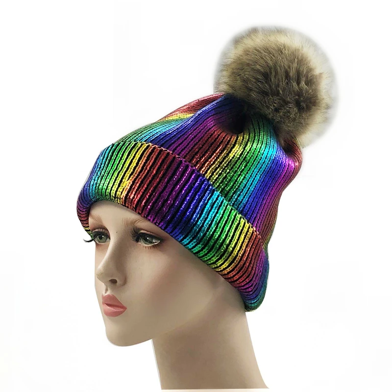 

New Winter Metallic Pink Ball Beanie Hat for Women Fluffy Double Faux Fur Pom Pom Knitted Skullies Beanie with Pompom Ski