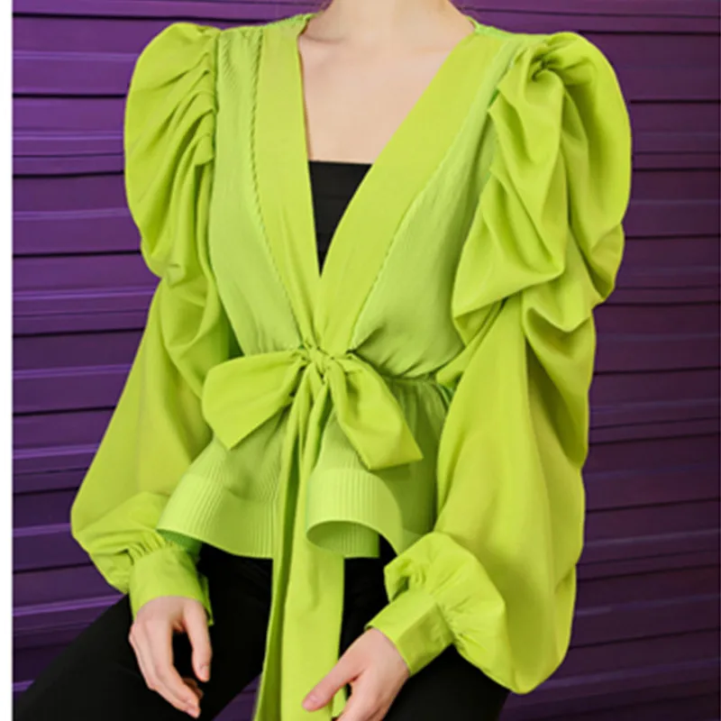 

Рубашка женская с оборками и бантом, блузка в стиле пэчворк, с V-образным вырезом, с пышными рукавами, с завышенной талией, Модная белая, 2021