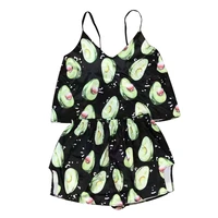evre avocado pattern satin lingerie sleepwear summer v neck sexy pajamas for women spaghetti strap loose top and shorts pijamas