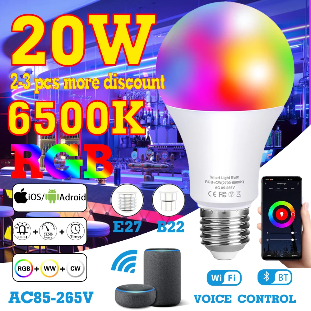 

Smart Light Lamp Bulb RGB Lampara LED Bombillas Colorful Dimming RGBW Bluetooth WIFI/IR Remote Control Alexa Google Assistant